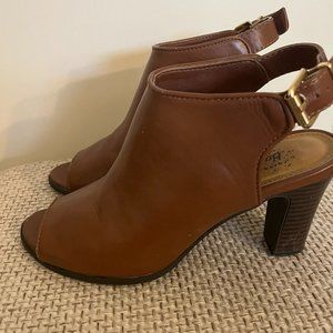 G.H. Bass Brown Leather Peep Toe Heels, Size 7